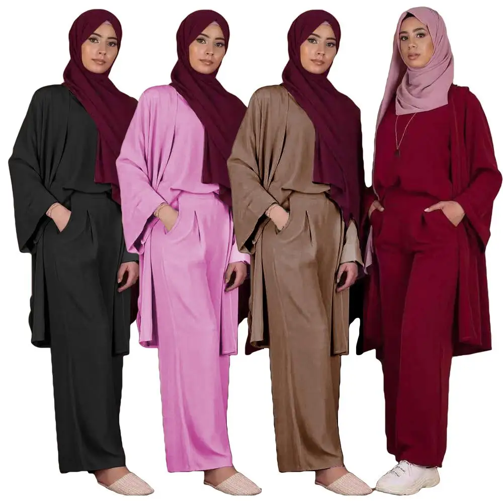 

Мусульманское женское платье абайя, кимоно из 3 предметов, открытый кардиган, топ, широкие брюки, комплект одежды, повседневная одежда, Рамад...