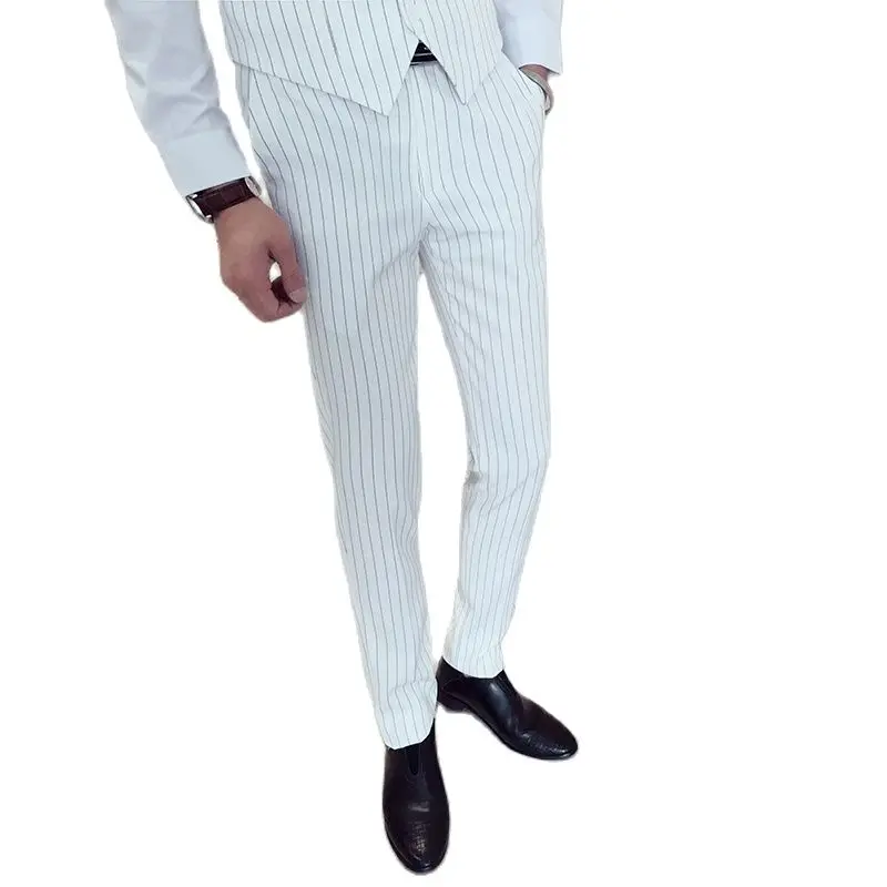 Высокое качество мужской костюм в полоску брюки тонкие подходящие деловые