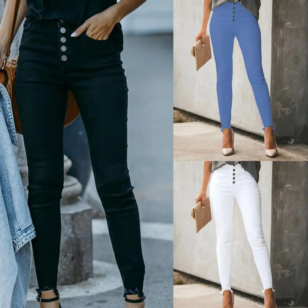 

Charming Women Pants Long Super Soft Pencil Trousers Pure Color Breasted Buttons Pencil Pants for Home Lady Trousers