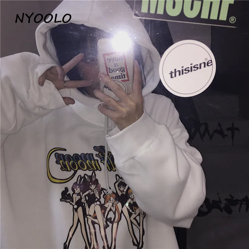 NYOOLO Harajuku мультфильм Сейлор Мун с буквенным принтом свободные теплые толстовки зимние уличные пуловеры с капюшоном флисовая Толстовка для женщин и мужчин
