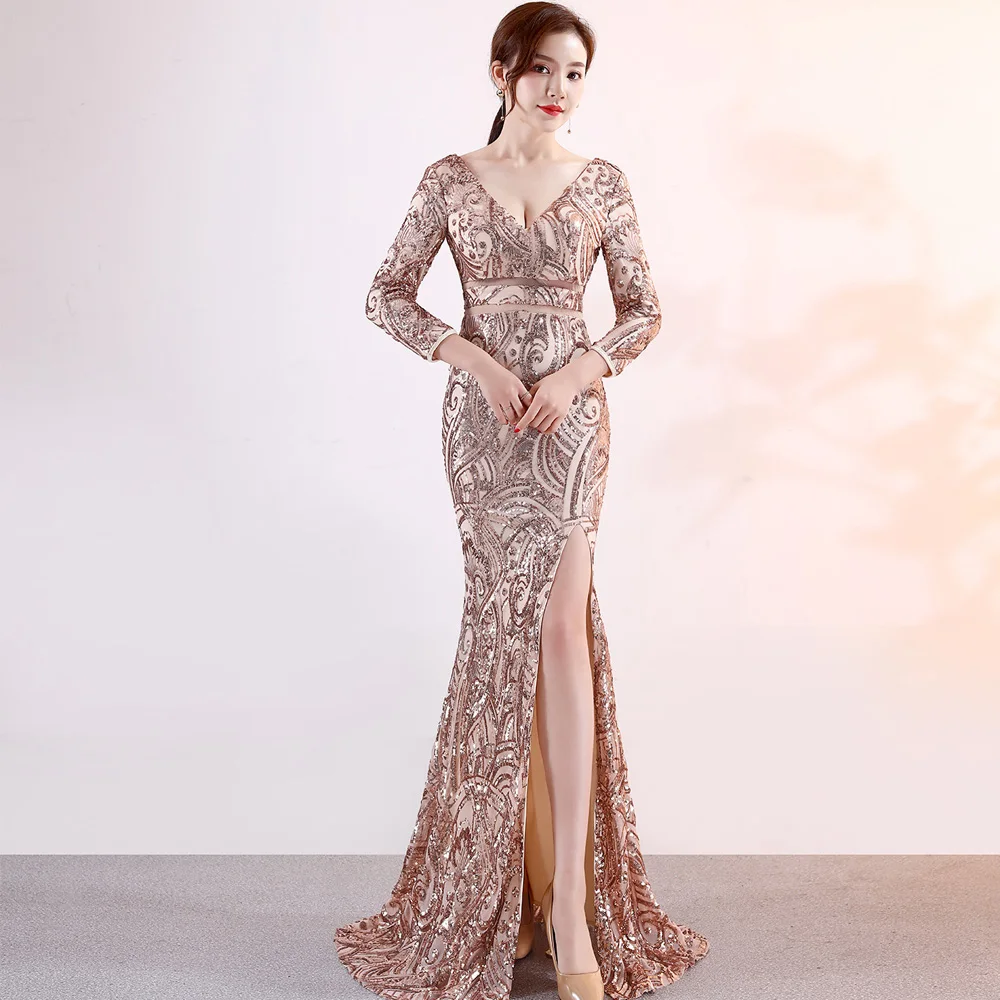 Женское облегающее Макси платье с длинным рукавом блестками сексуальное v