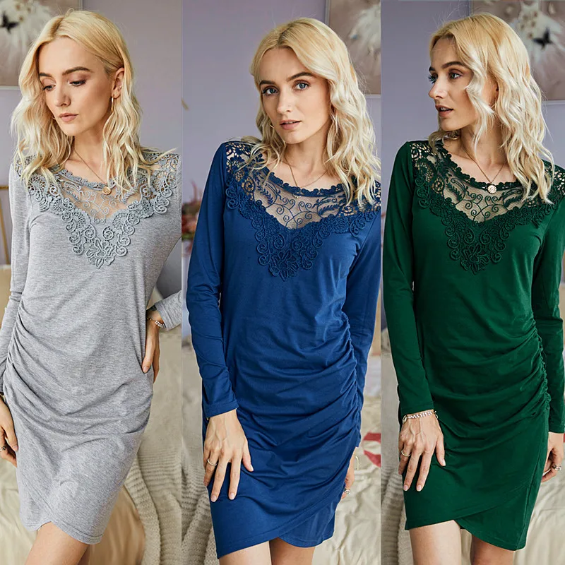 

Winter Autumn New Vintage lace bottom Dress Women's 2020 Summer V-neck Lace mini sexy Dress Womens casual bodycon Thin Dress