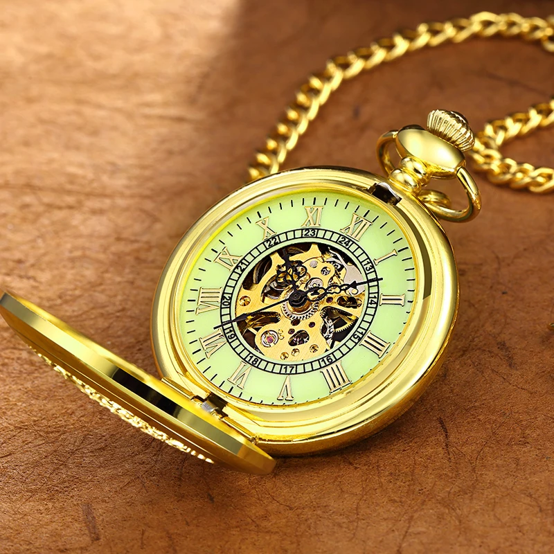 New Luminous Hand Winding Mechanical Pocket Watch Classical Bronze Openwork Pendant Vintage Hollow Cover Analog for Men Gift