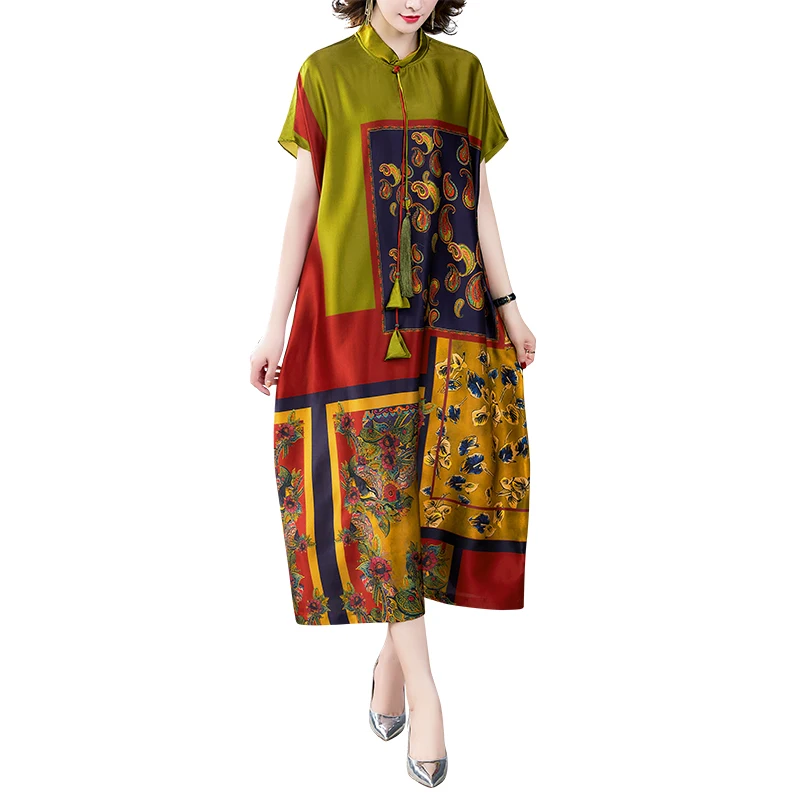 

2021 Korea Vintage Floral Mulberry Silk Midi Satin Dress Summer 4XL Plus Size Loose Women Sundress Classy Bodycon Party Vestidos