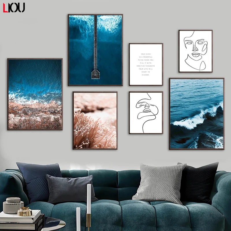 Картина на холсте в скандинавском стиле с рисунком морской волны | Дом и сад