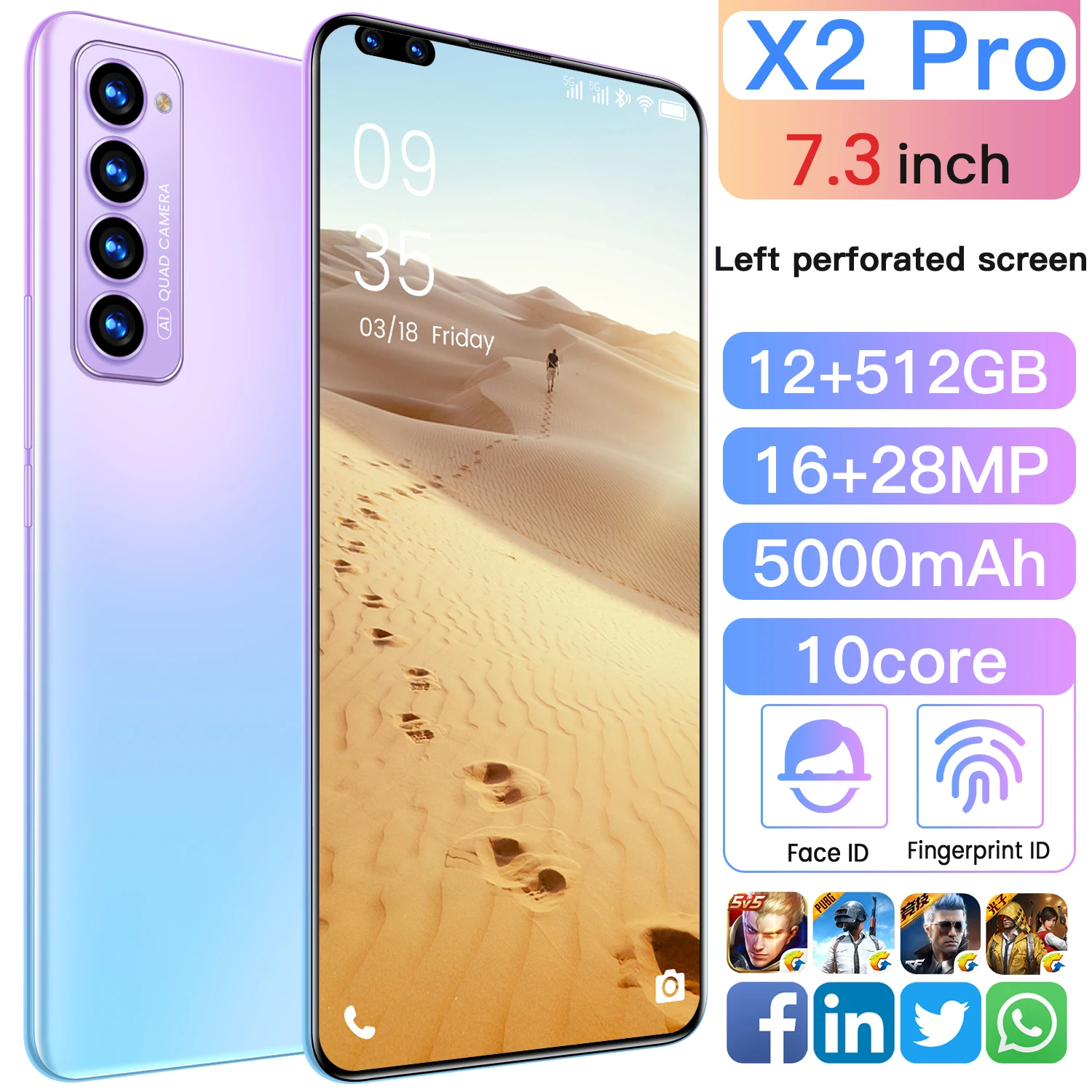 

Global Version X2Pro Smartphone 7.3inch Android 10.0 16+28MP HD Camera Face Wake 12GB Ram 512GB Rom 5000 Mah 4G 5G Network Phone