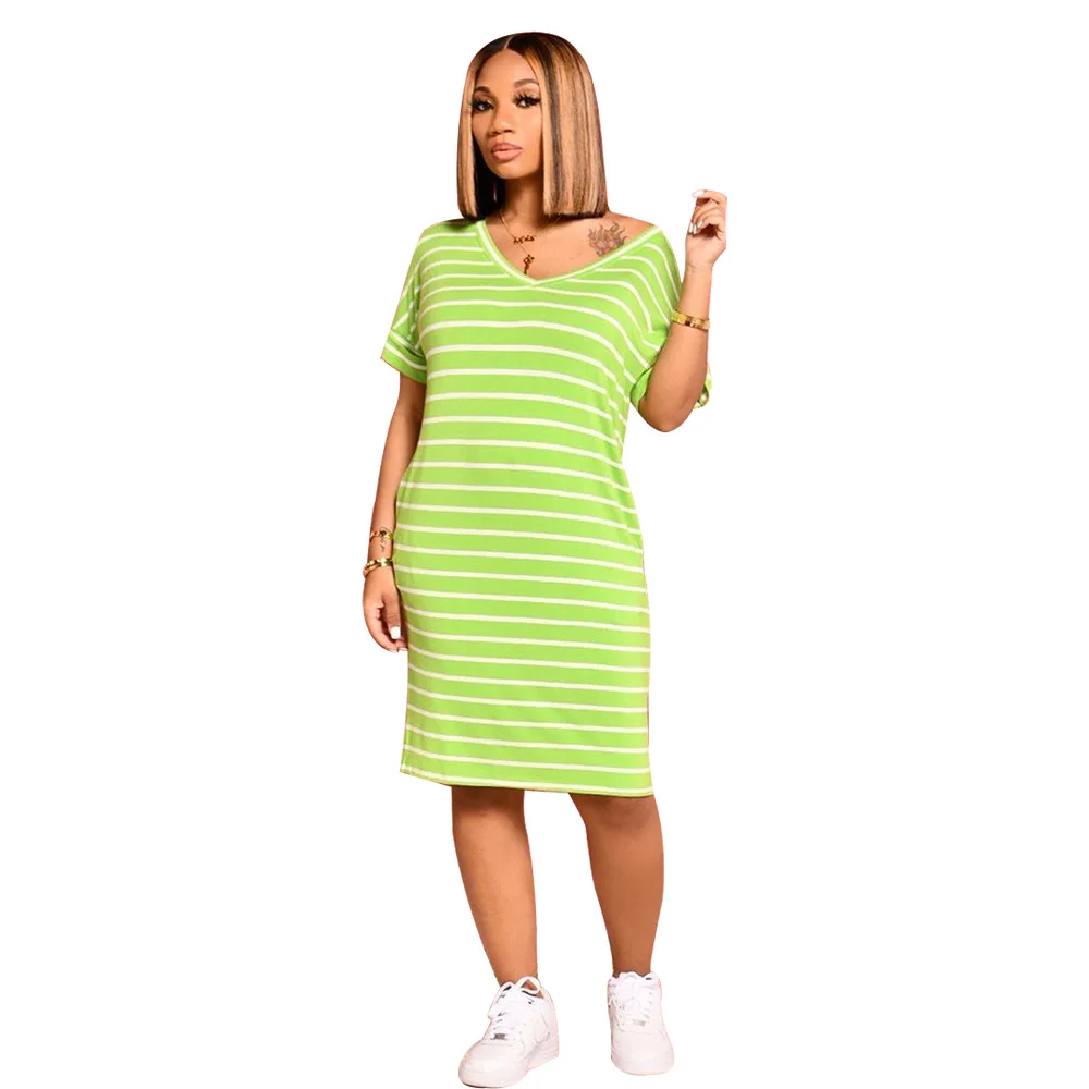 

Summer Striped Mid-length Dress Women Casual Home V-neck Short-sleeved Striped Print Knee-length Dress Women