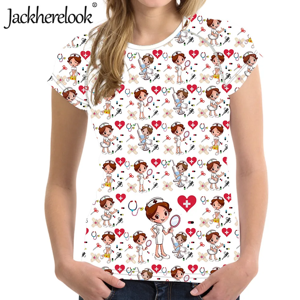 

Футболка Jackherelook женская с милым мультяшным принтом медсестры, хлопковая рубашка с круглым вырезом, топ в стиле харакудзю, белая, на лето