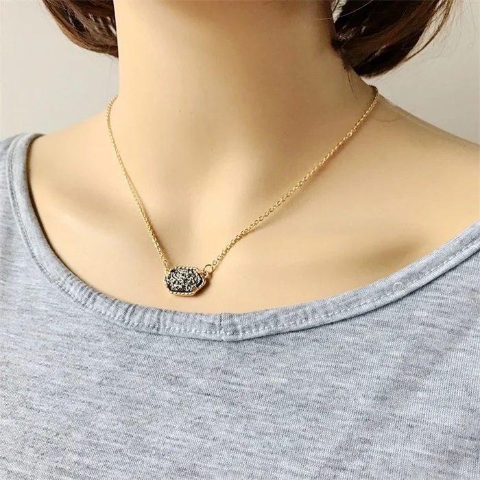 G dark gray 20 опций Druzy Кулон из друзы ожерелье Шестигранная Смола Druse Серебро Золото Цвет цепи воротник модный бренд ювелирные изделия для женщин девушка подарок - Окраска металла: G dark gray