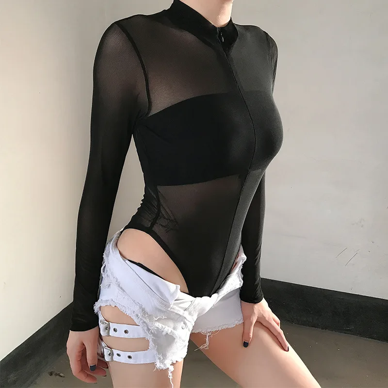 Арцу боди Тощий прозрачный комбинезон из сетки с длинным рукавом Bodycon сексуальный клубный Черный Боди тела Mujer уличная одежда ASJU20596