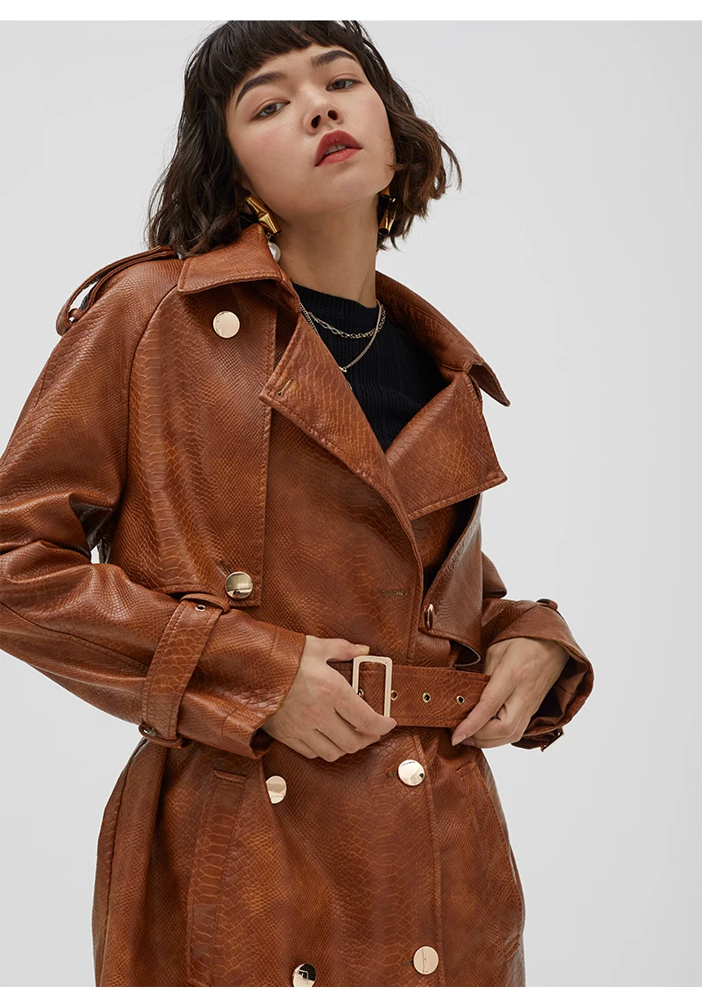 

Fashion Crocodile pattern double breasted leather jackets female over the knee longer Locomotive oversize Windproof leather coat