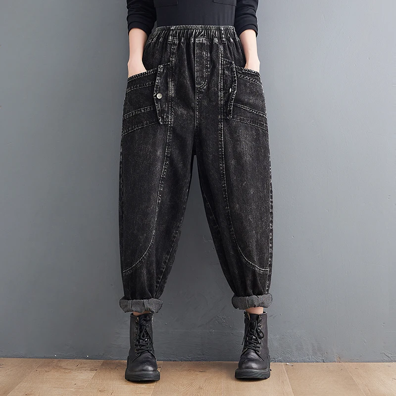 

Retro Elastic High Waist Black Jeans Woman Streetwear Loose Big Size Harajuku Boyfriend Jeans For Women Mom Denim Baggy Pants