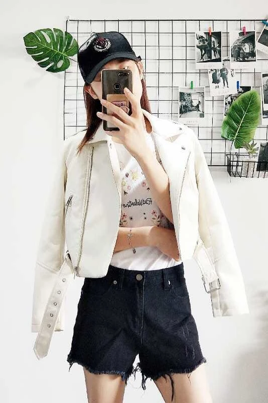 

ZCWXM Spring Women Faux Soft Leather Jacket Short Coat Pu Motorcycle Zipper Punk Leather Jacket Green Black White Outerwear New