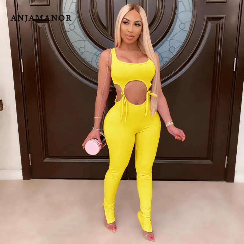 

ANJAMANOR Sexy Two Piece Set Ribbed Knit Lace Up Bodycon Pants Sets for Women Clothing 2020 Summer Club Outfits D48-CG33