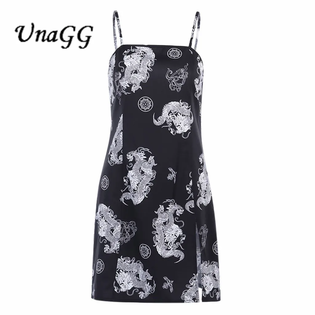 

UnaGG Vintage Dragon Printed Mini Dress Summer 2020 Women Street Strap Dresse Club Slim Party Tigh Short Dress Harajuku Robes ve