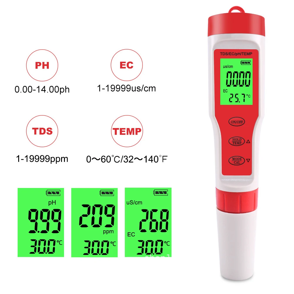 

4-In-1 Water Quality Tester PH Meter PH/TDS/EC/Temperature Digital Water Quality Tester For Pools Drinking Water Aquarium