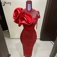aso ebi red cocktail dresses ruffled satin lace sequined short prom dress mermaid knee length women formal prom gowns