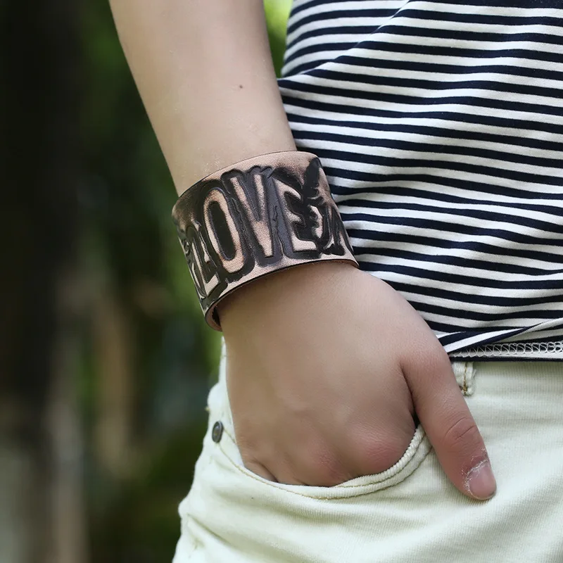 

Wide Genuine Leather Wrap Bracelet Nature Color Love Carved Crafts Punk Men Vinatge Jewelry Simple Fashion Gift