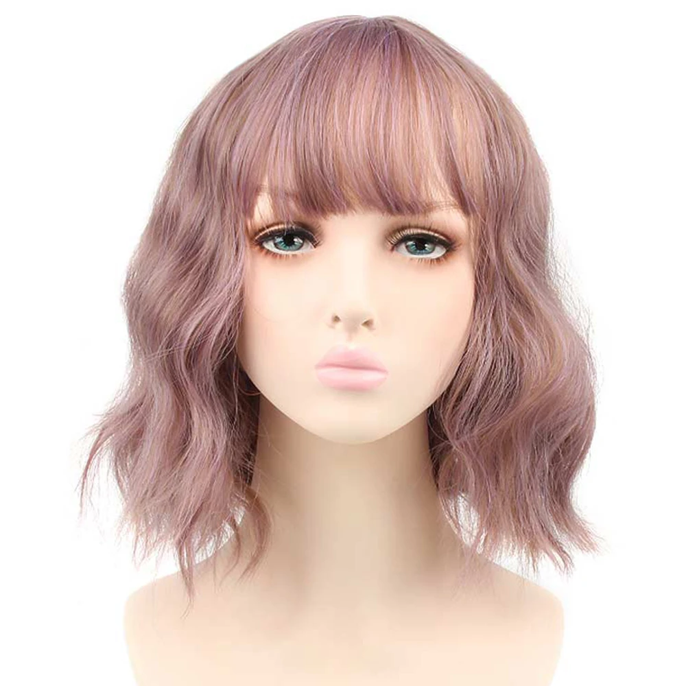 Pageup Short Natural Wave Synthetic Wig For Black Women Purple Wigs with Bangs Heat Resistant Fiber Hair Wigs