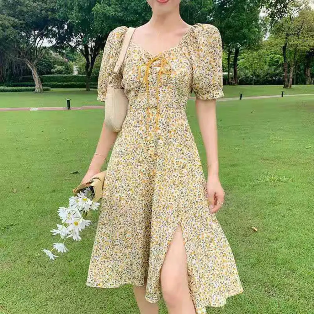 

Женское летнее платье с цветочным принтом 2021 женская обувь голубого, круглой головиной и коротким пышным рукавом шикарные женские платья с ...