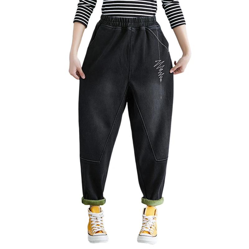 

New Style Warm Plush Thickening Slim Fit Harem Pants With Velvet Trousers Women's Elastic High Waist Jeans Vintage Winter 2020