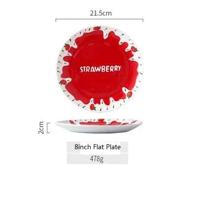 Red flat plate Ins Горячая тиснение крем миска в форме клубники Cearmic чашки тарелка милые столовые приборы салатник овса чашка для еды кофе кружка молоко чашка лапша чаша - Цвет: Red flat plate