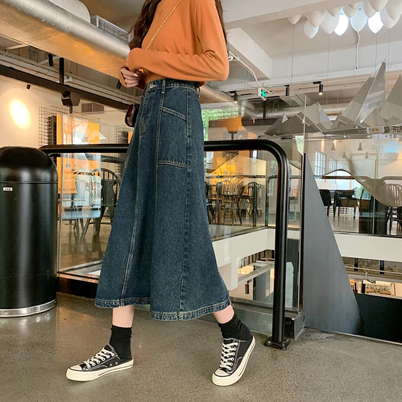 

A-Line Summer Denim Jeans Skirts Women High Waist Long Skirts Vintage Harajuku Korean Loose Streetwear Pockets Boyfriend Z301