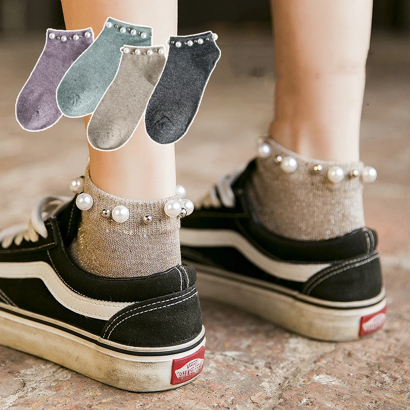 Повседневные женские короткие носки для девочек милые с искусственным жемчугом
