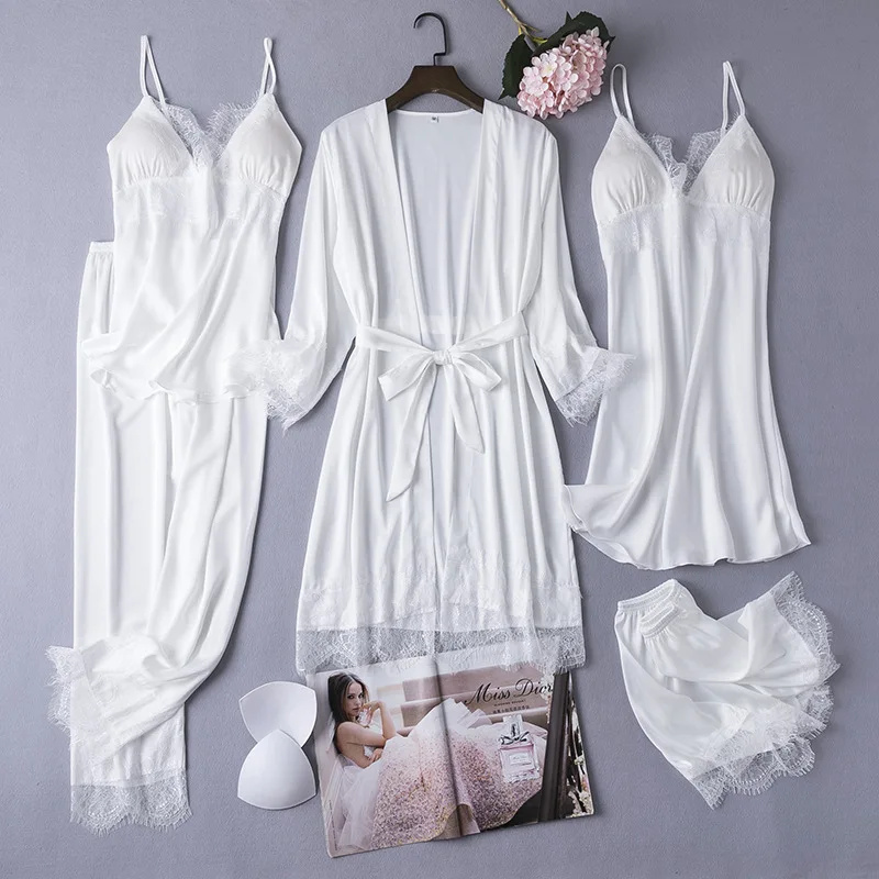 

Sexy 5PCS Bathrobe Gown Sets Womens Lace Satin Nighty Robe Kimono Nightgown Sleep Suit Spring Home Sleepwear Intimate Lingerie