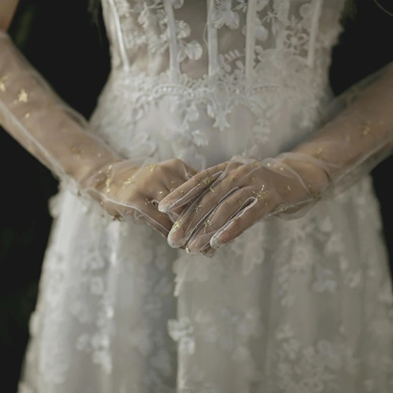 

2021 New Women Tulle Elbow Long Wedding Gloves Solid Color Sheer Vintage Opera Mittens