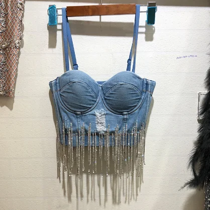 Модный бриллиантовый бюстгальтер с кисточкой без бретелек джинсовый жилет
