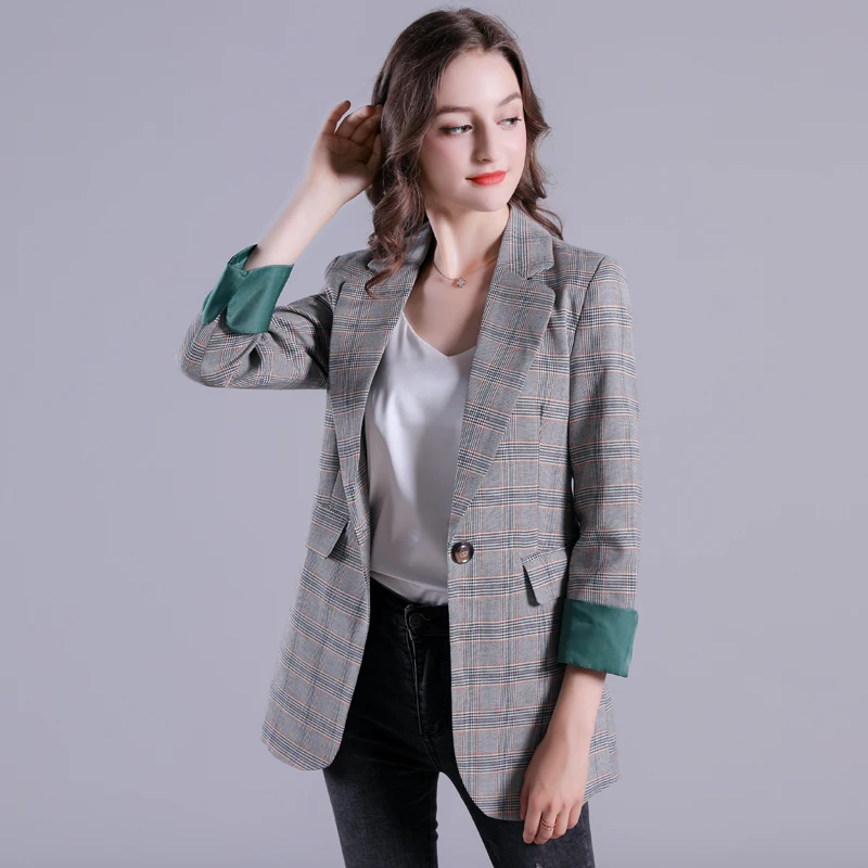Тонкий весенне-осенний клетчатый женский пиджак с длинным рукавом свободный
