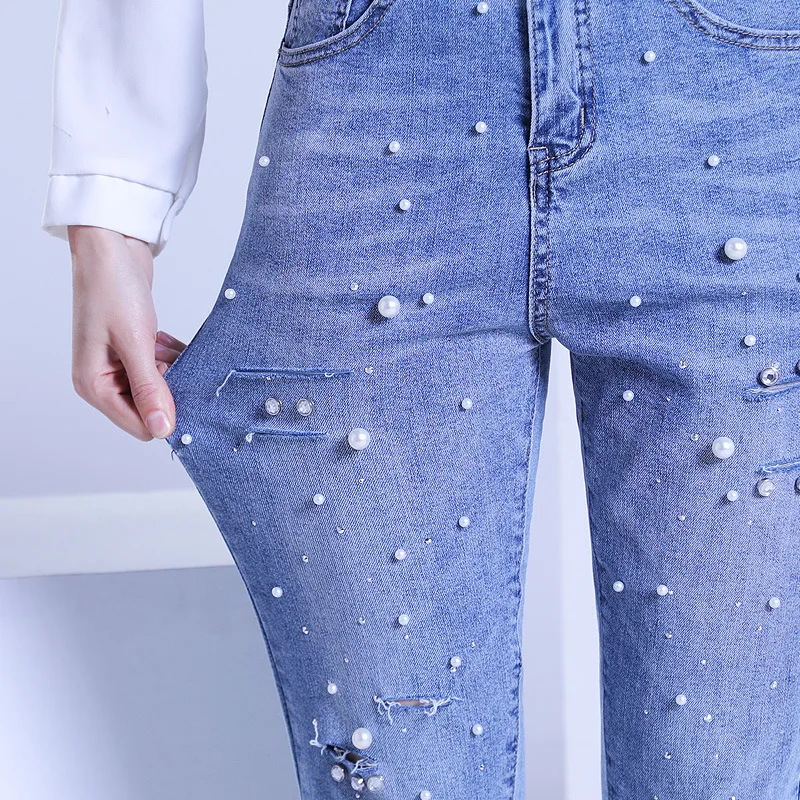 FERZIGE рваные джинсы для женщин slim fit светильник с высокой талией синие тонкие