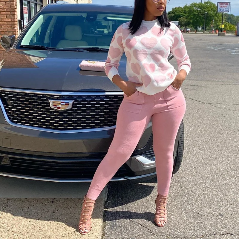 

Autumn Casual Women 2 piece set Long Sleeve Heart Print Tops and Skinny Pencil Pants Suit Two Piece Set Elegant Tracksuit