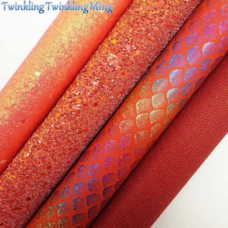 Блестящая ткань оранжево-Красного цвета из искусственной кожи русалки листы