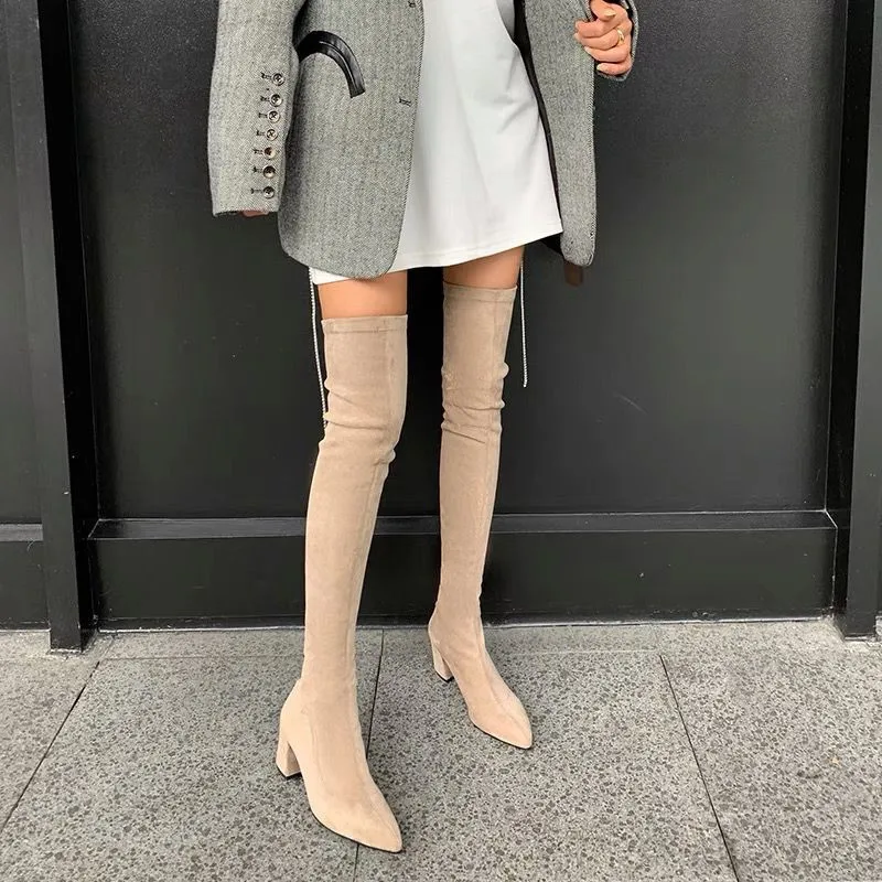 

Sexy Slim Fit Elastic Flock Over The Knee Boots Women Shoes 2021 Autumn Winter Ladies High Heel Overknee Long Thigh High Botas