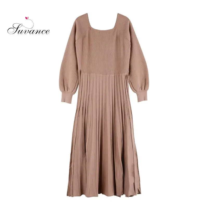 Осень зима 2019 модное трикотажное платье с круглым вырезом 4 однотонных цвета