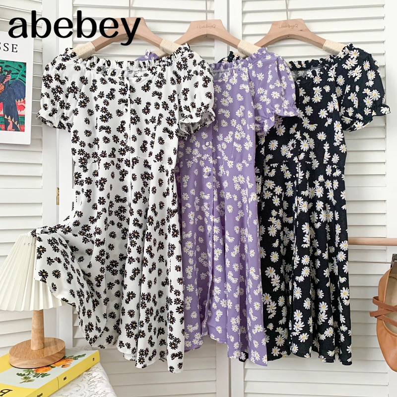 

Женское винтажное платье с вырезом лодочкой и пышными рукавами, однобортное короткое платье-трапеция с принтом Маргариток и высокой талией...