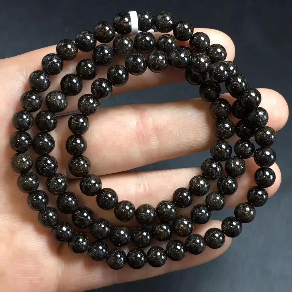 

Natural Copper Black Titanium Rutilated Quartz Crystal Bracelet 6.4mm 3 Laps Women Men Round Beads Wealthy Stone Brazil AAAAA