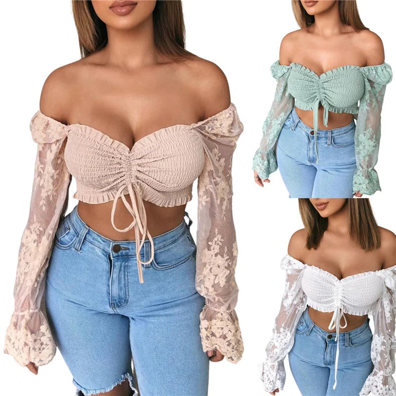 

Women Floral Embroidery Cropped Tops, Lace Long Sleeve Off-shoulder Drawstring Vest for Summer