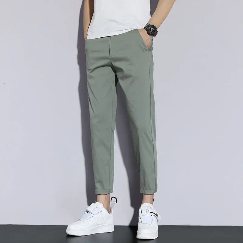 

Dress Pants Men Black Gray Thin Ice Silk Summer Korean Fashion Slim Straight Leg Casual Package Mail College Leisure Trend 2021