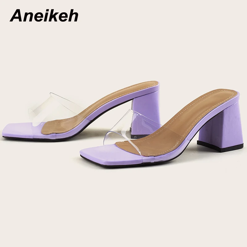 

Aneikeh 2022 NEW Ladies Shoes Summer Solid Square Heels Slippers Peep Toe PVC Outside Sexy Shallow Slides Elegant Party Concise