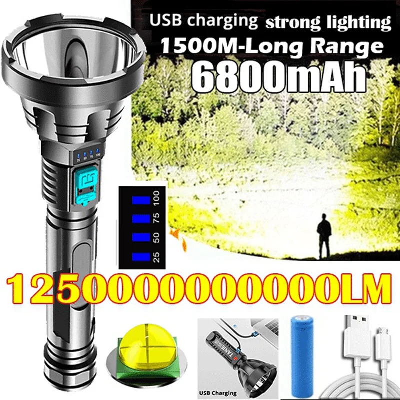 Super Bright Portable Flashlight LED Searchlight USB Rechargeable Strong Light 1500M Long-range Outdoor Torch for Hiking Running