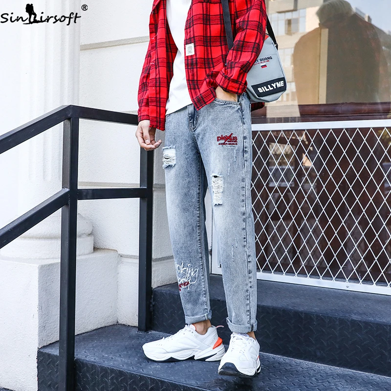 Men's Loose Hole Straight Jeans Men Youth Spring And Summer New Korean Trend Trendy Wild Denim Pants|Мужские джинсы| |