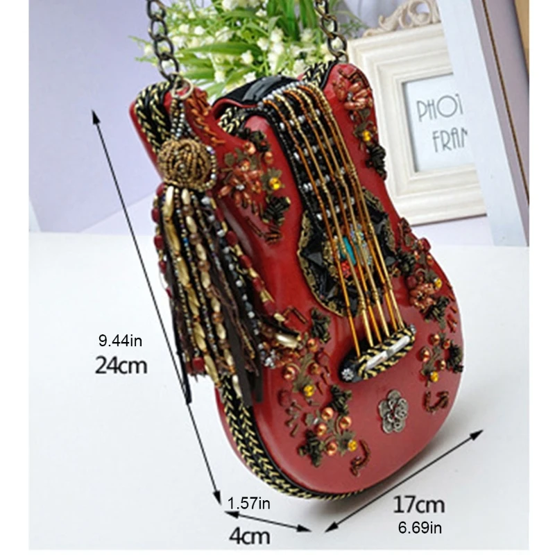

Fashion Women Shoulder Bag Guitar Design Ladies Chain Beaded Crossbody Bags Vintage Female Messenger