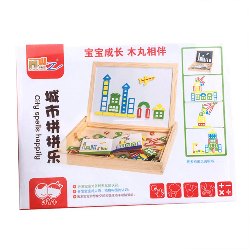 Child Animal Wooden Puzzles Kids Tangram Educational Gift Multifunctional Magnetic Puzzle Painting Board Toys Baby 3D Puzzle Toy - Color: WJ3550H