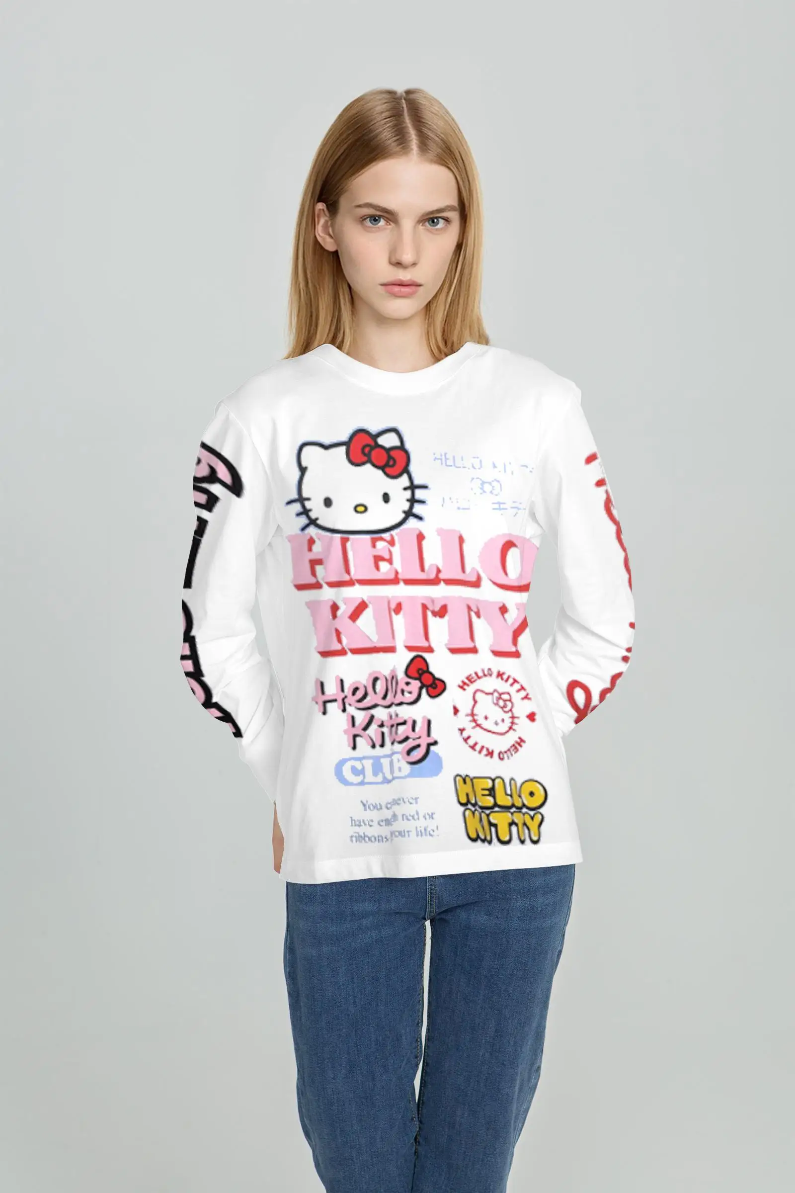 Hello Kitty European and American style cute cartoon printing loose round neck sweater cute cat long sleeved t shirt 2022 new