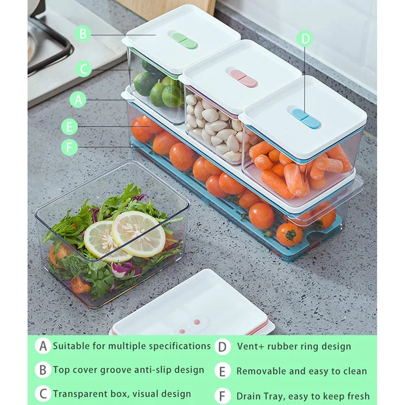 

6 Pack Plastic Stackable Food Storage Containers with Vented Lids and Drain Tray for Refrigerator Produce Saver
