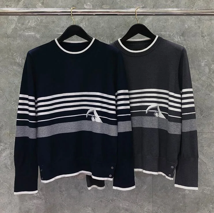2021 TB Fashion THOM Brand Sweaters Men Slim O-Neck Pullovers Clothing Patchwork Wool Swimmer pattern Striped Winter Casual Coat