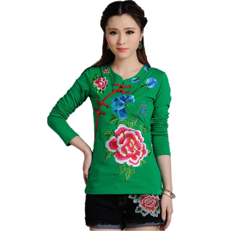 Весенне-осенняя женская футболка с вышивкой Blusas с длинным рукавом 5XL размера плюс качественные топы, женские хлопковые футболки - Цвет: 6251Style Five